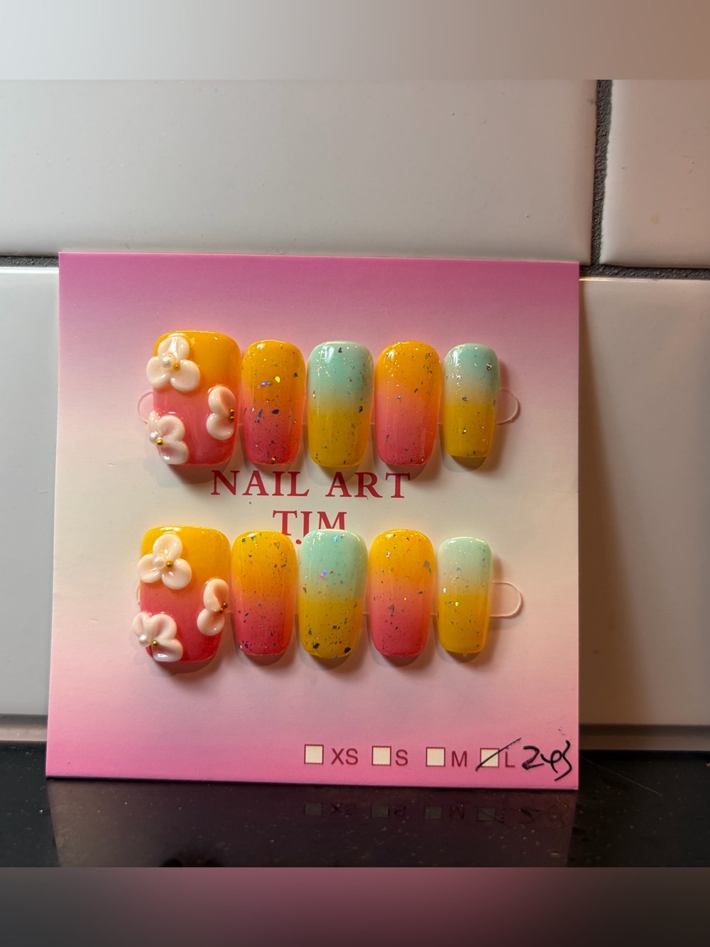 Square round press ons-multicolor glitter floral